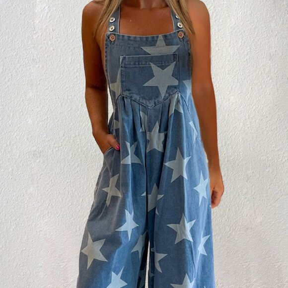 SYNZ Pants - Star Square Neck Wide Leg Denim Overalls